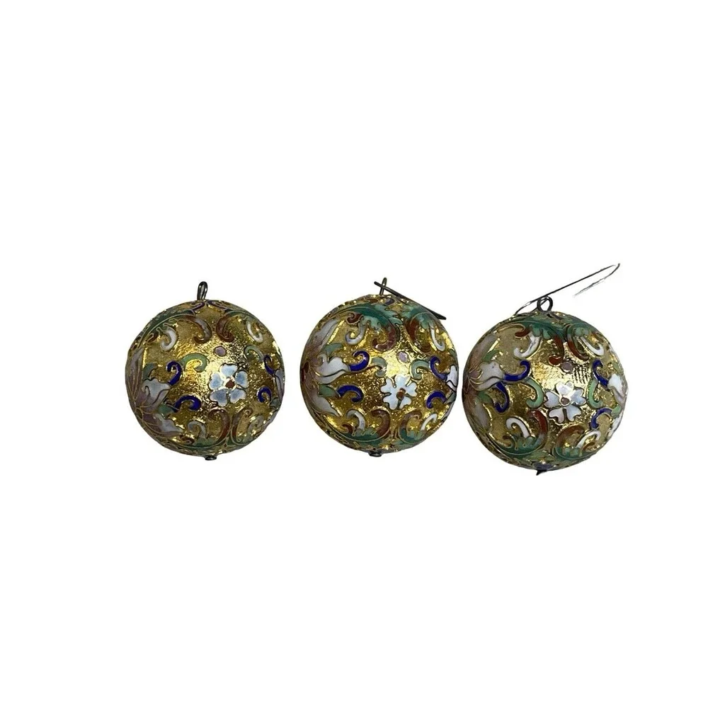 Lillian Vernon Cloisonné Ornaments Set of 3 Ball Gold Enamel Floral Vintage 1.5